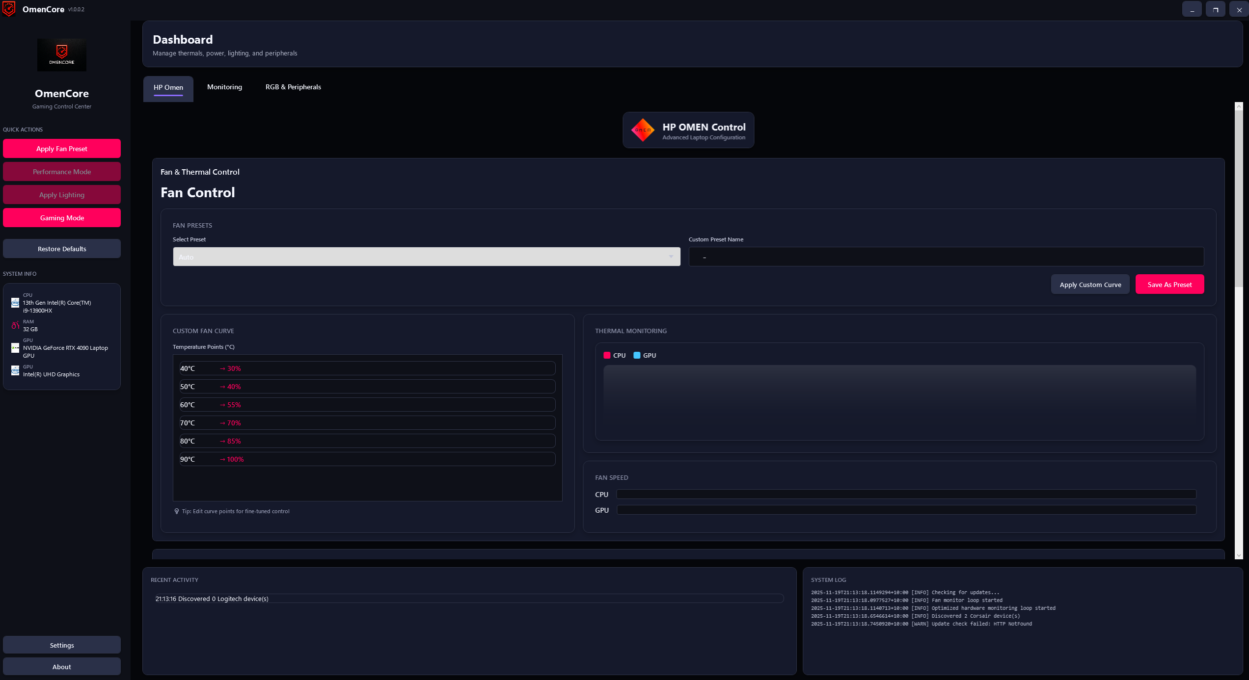 OmenCore Main Dashboard - System monitoring and quick controls