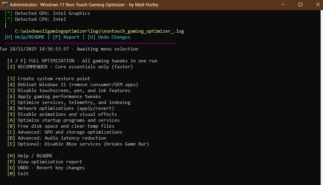 Windows 11 Non-Touch Gaming Optimizer Menu
